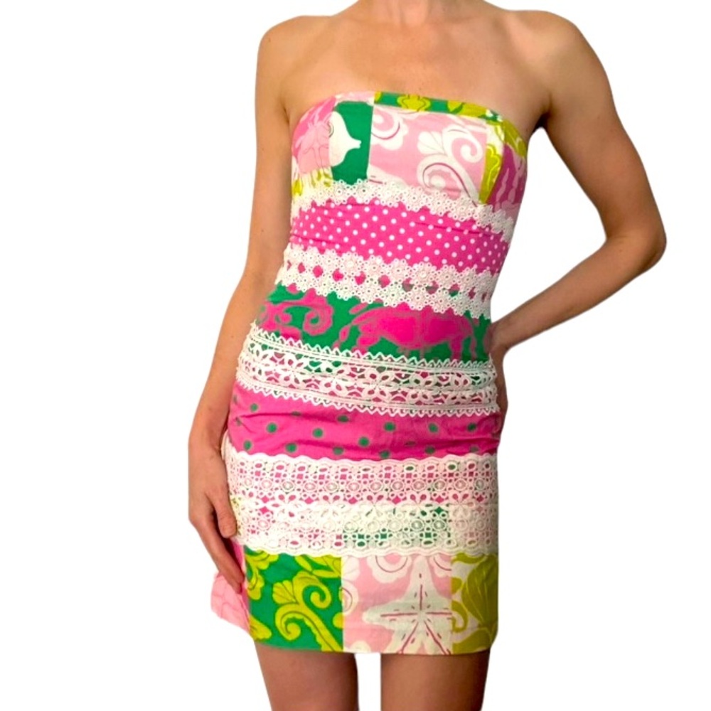 Lilly Pulitzer Preppy Pink Green Vintage Patch Of Paradise Strapless Dress 2